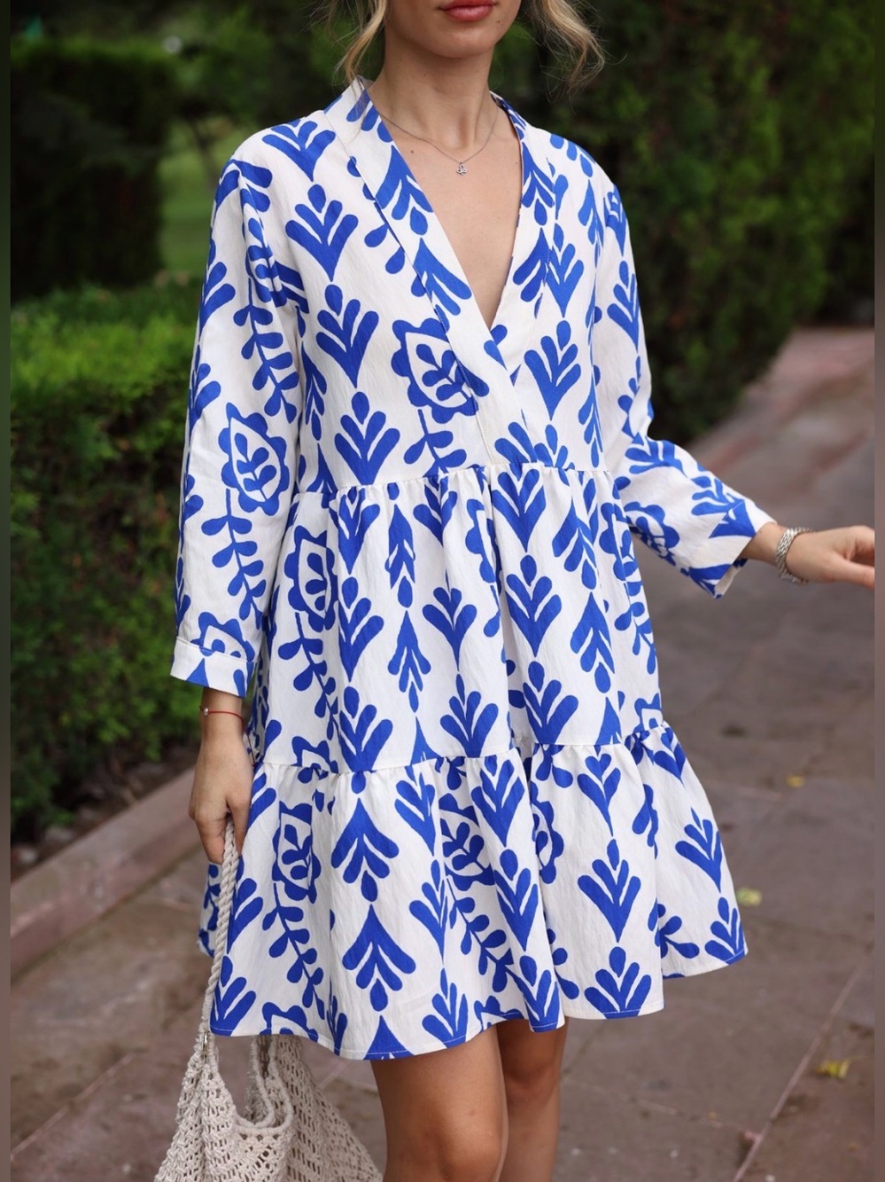 Zara Blue and White V-Neck Tiered Mini Dress size Small